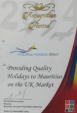Mauritius Holidays Direct recognition award