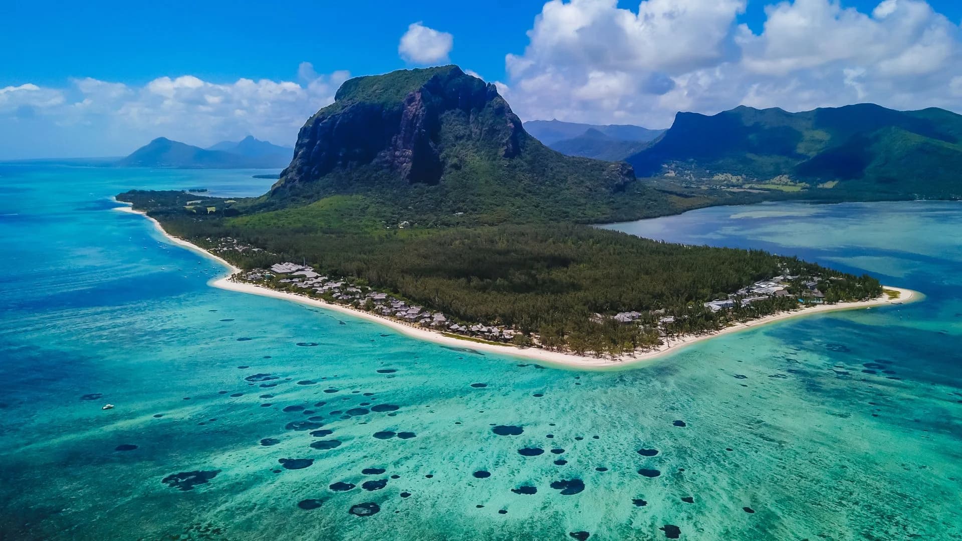 Aerial view of a tropical Mauritius beach and lagoon